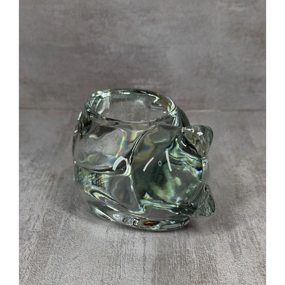 Vintage Cat Votive Holder Crystal Glass Sleeping Feline Tea Light Made USA 90s
